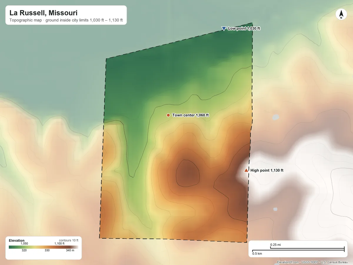Topographic elevation map of La Russell, Missouri, shaded from 1,030 ft on the northeast side to 1,130 ft on the southeast side