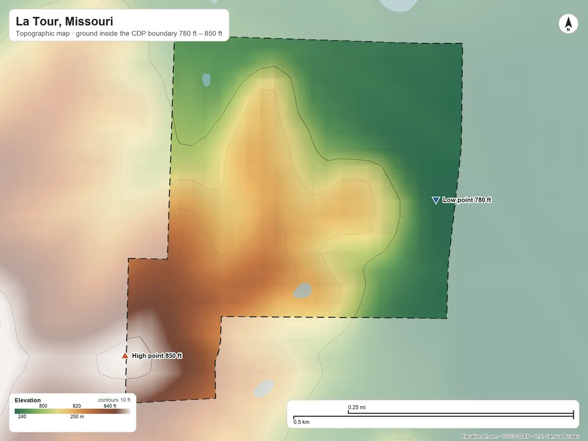 Topographic elevation map of La Tour, Missouri, shaded from 780 ft on the east side to 850 ft on the southwest side