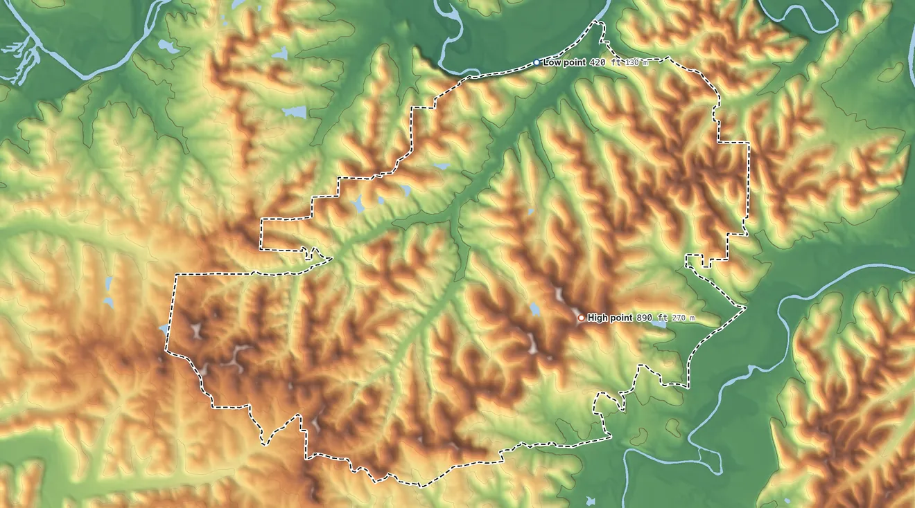 Topographic elevation map of LaBarque Creek, Missouri, shaded from 420 ft on the north side to 890 ft on the southeast side