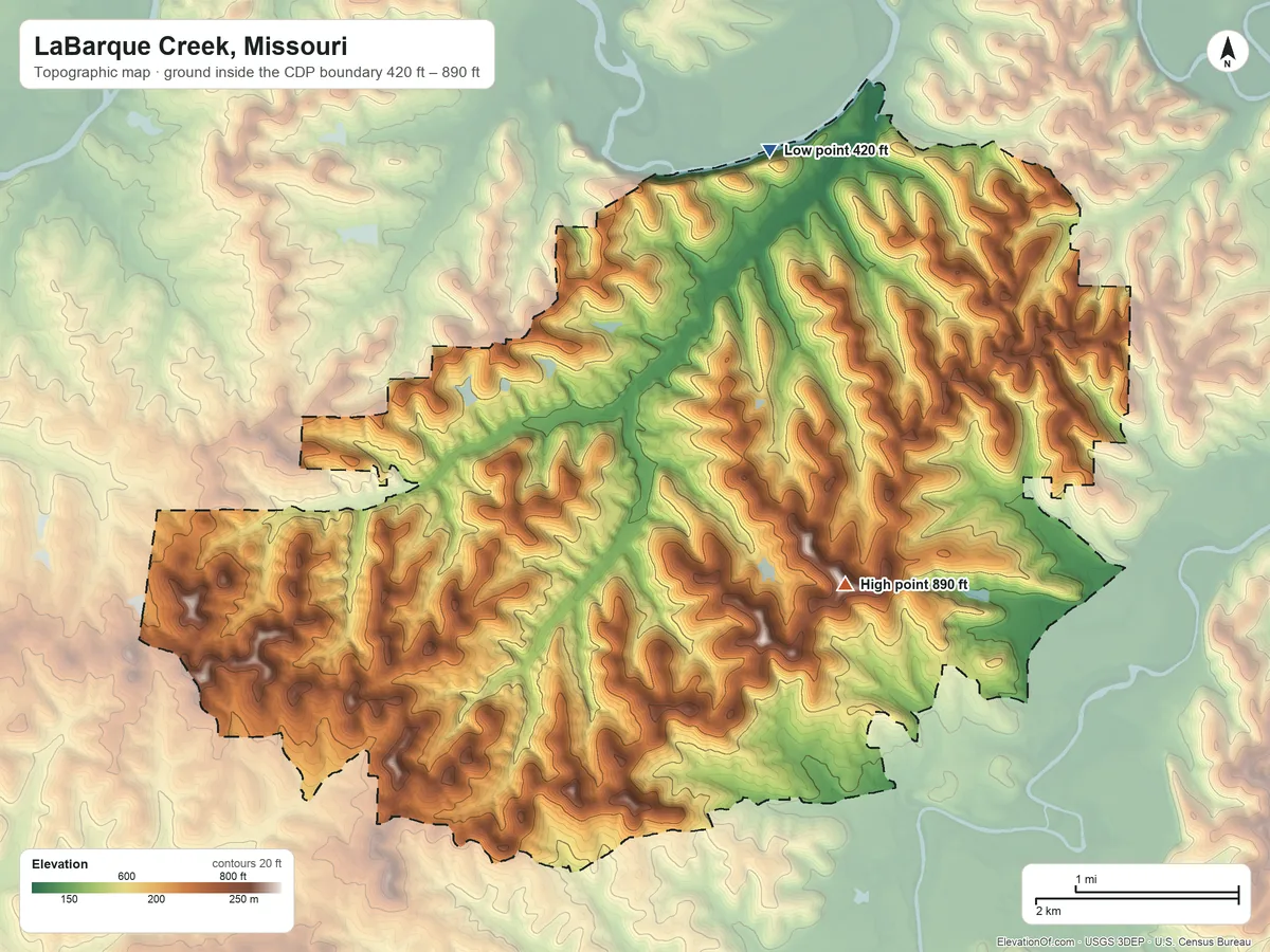 Topographic elevation map of LaBarque Creek, Missouri, shaded from 420 ft on the north side to 890 ft on the southeast side