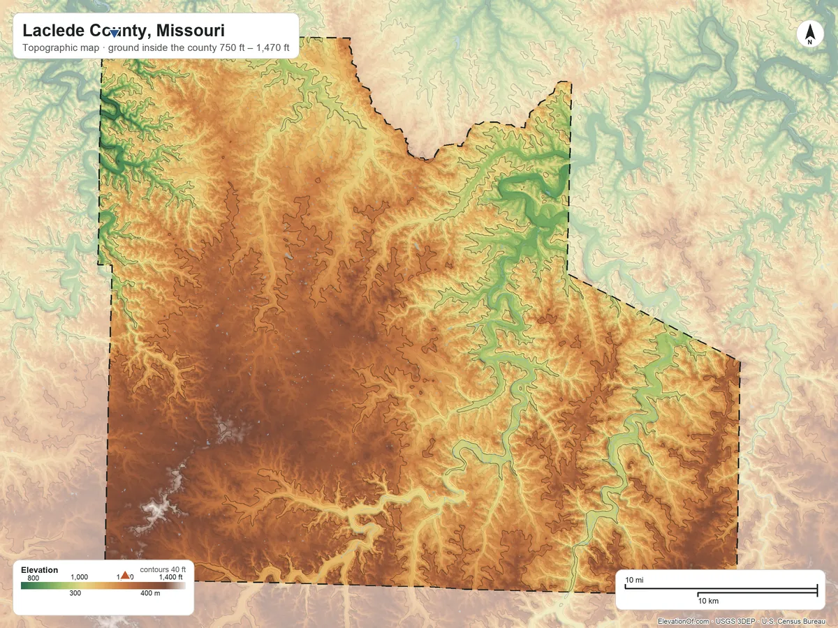 Topographic elevation map of Laclede County, Missouri, shaded from 750 ft on the northwest side to 1,470 ft on the southwest side