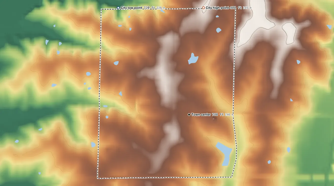 Topographic elevation map of Laclede, Missouri, shaded from 720 ft on the northwest side to 800 ft on the north side