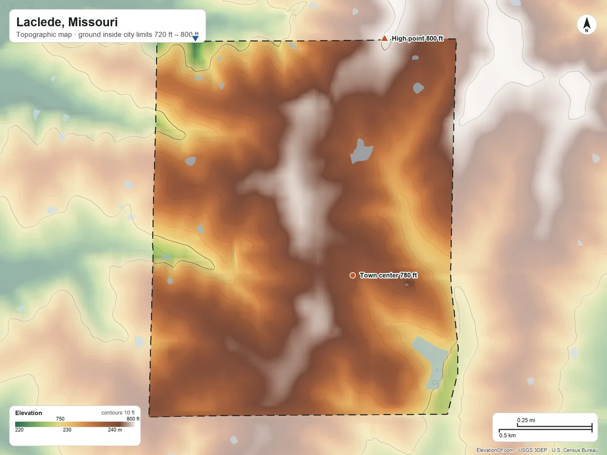 Topographic elevation map of Laclede, Missouri, shaded from 720 ft on the northwest side to 800 ft on the north side