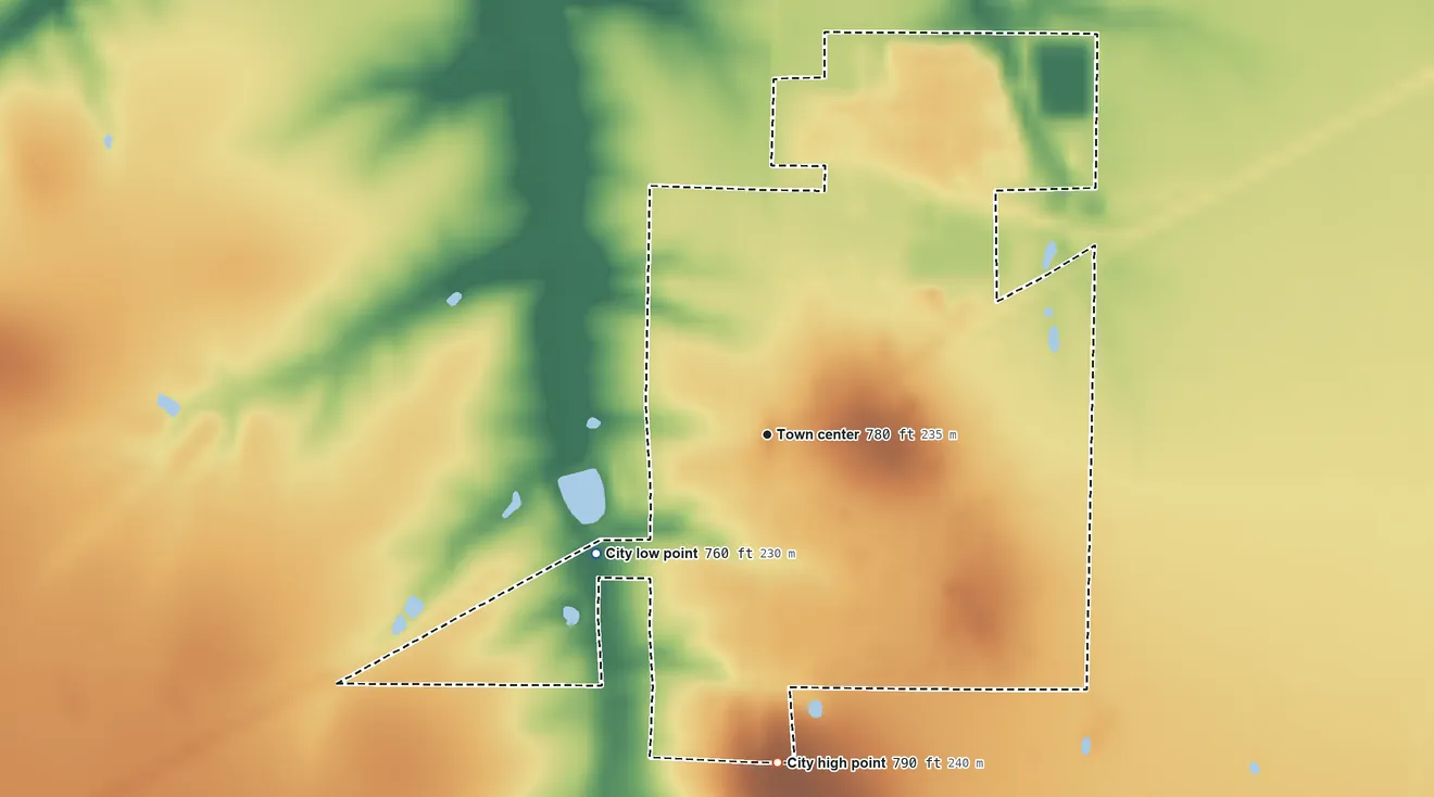 Topographic elevation map of Laddonia, Missouri, shaded from 760 ft on the southwest side to 790 ft on the south side