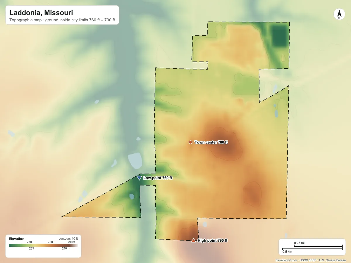 Topographic elevation map of Laddonia, Missouri, shaded from 760 ft on the southwest side to 790 ft on the south side