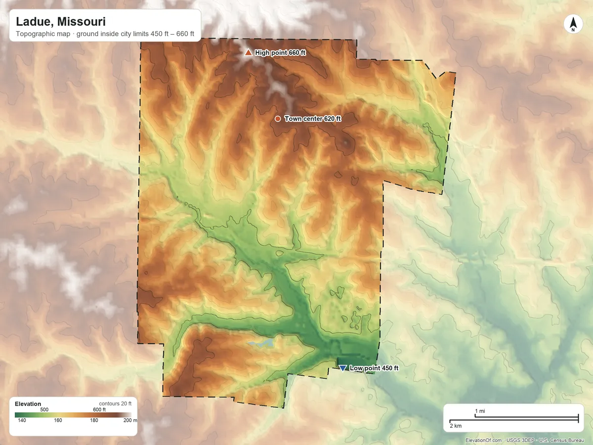 Topographic elevation map of Ladue, Missouri, shaded from 450 ft on the south side to 660 ft on the northwest side