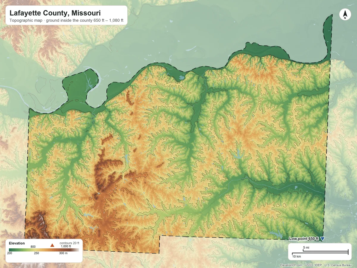 Topographic elevation map of Lafayette County, Missouri, shaded from 650 ft on the southeast side to 1,080 ft on the southwest side