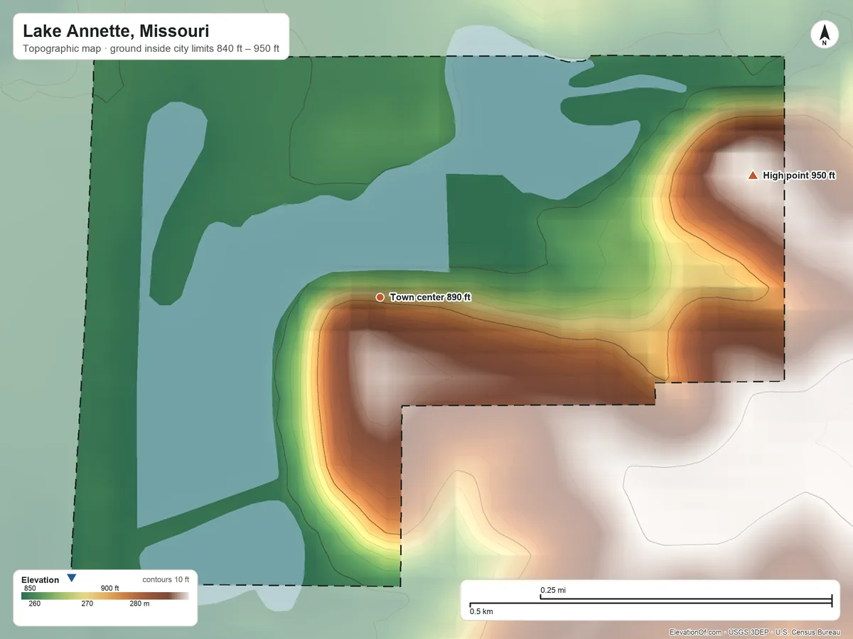 Topographic elevation map of Lake Annette, Missouri, shaded from 840 ft on the southwest side to 950 ft on the east side