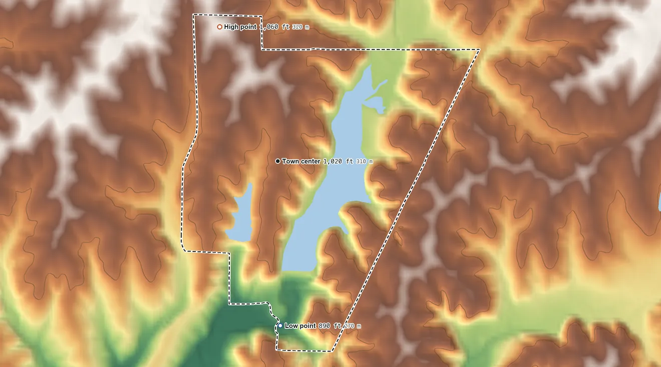 Topographic elevation map of Lake Arrowhead, Missouri, shaded from 890 ft on the south side to 1,060 ft on the northwest side