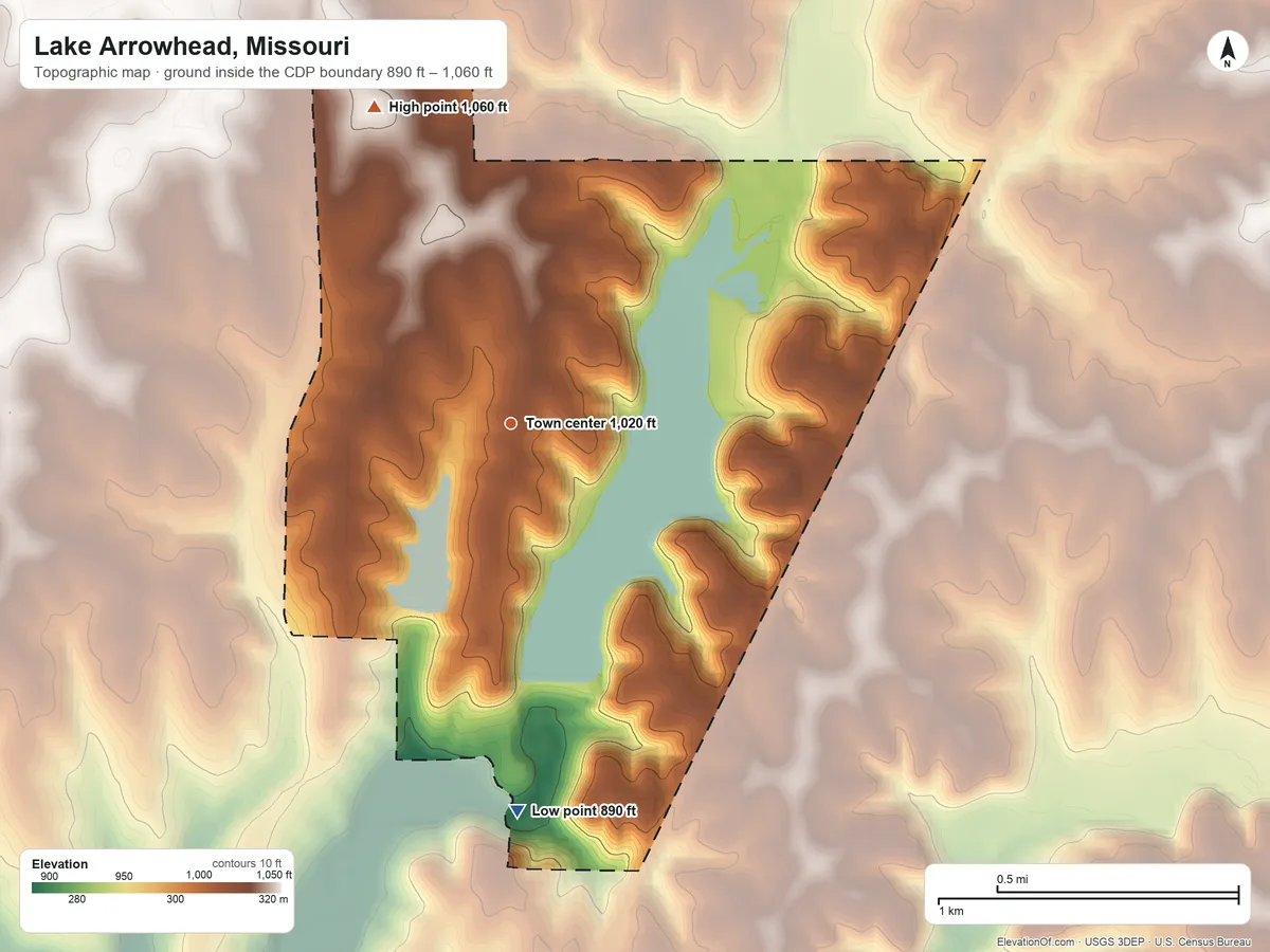 Topographic elevation map of Lake Arrowhead, Missouri, shaded from 890 ft on the south side to 1,060 ft on the northwest side