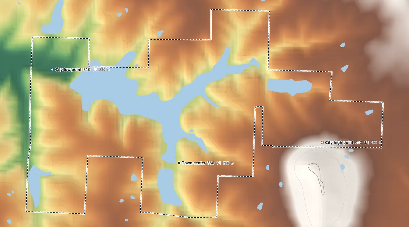 Topographic elevation map of Lake Lafayette, Missouri, shaded from 810 ft on the northwest side to 940 ft on the east edge, below higher ground just outside