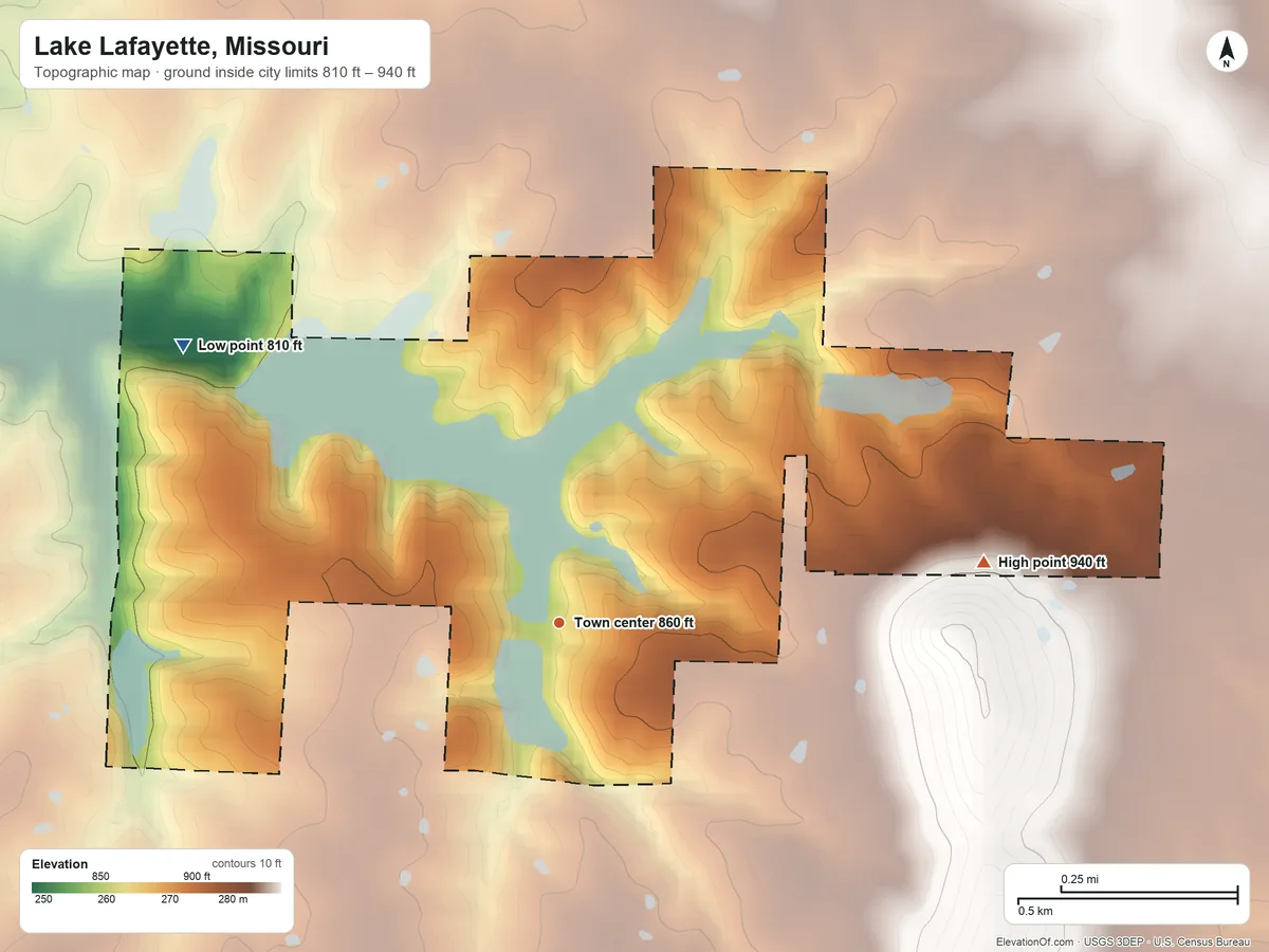 Topographic elevation map of Lake Lafayette, Missouri, shaded from 810 ft on the northwest side to 940 ft on the east edge, below higher ground just outside