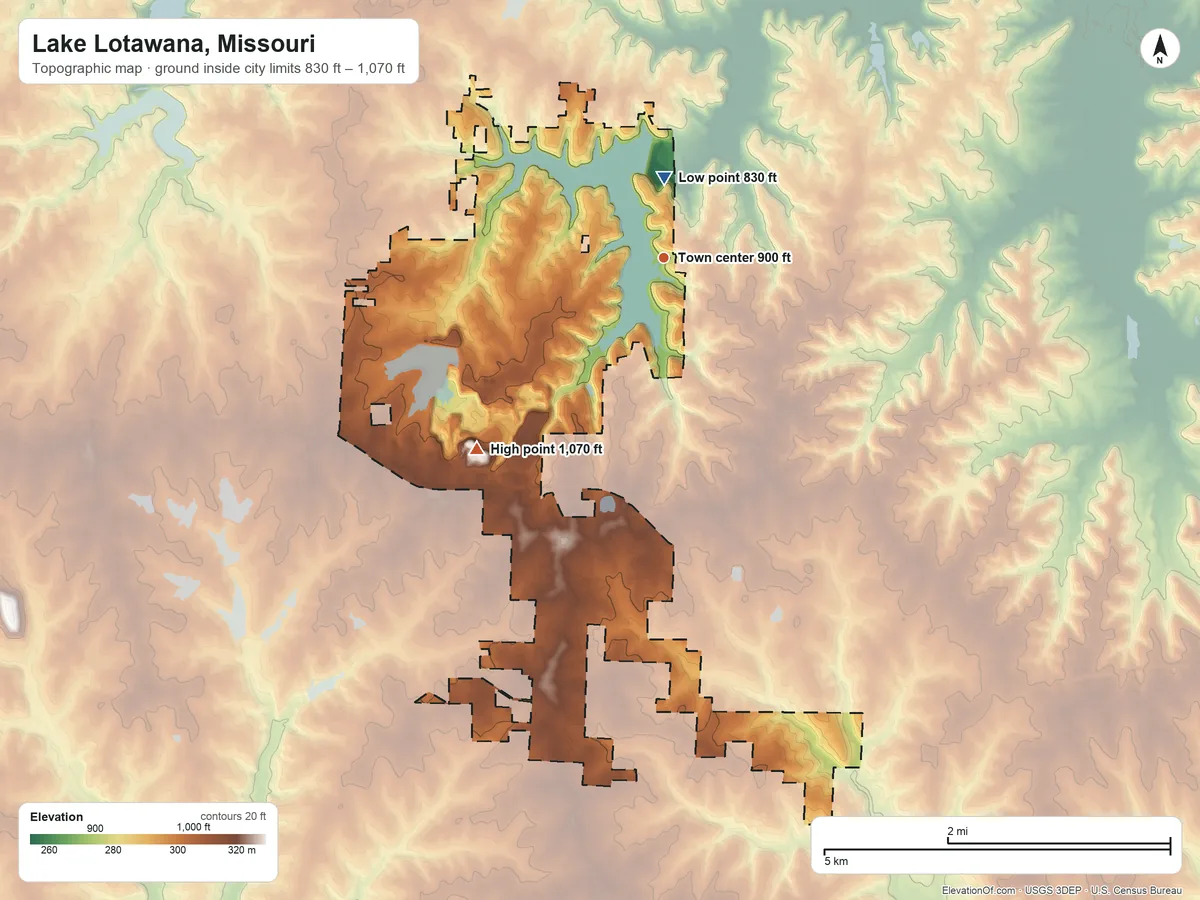 Topographic elevation map of Lake Lotawana, Missouri, shaded from 830 ft near the middle to 1,070 ft on the southwest side