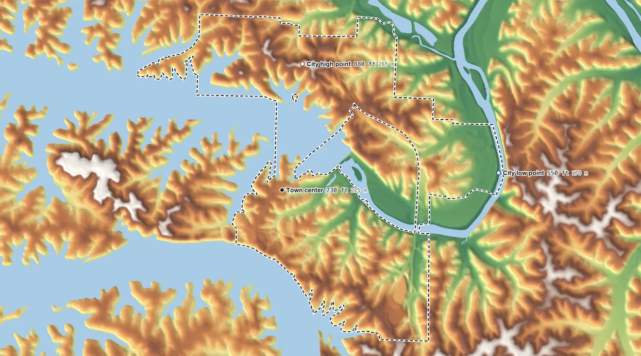 Topographic elevation map of Lake Ozark, Missouri, shaded from 550 ft on the east side to 880 ft on the north side