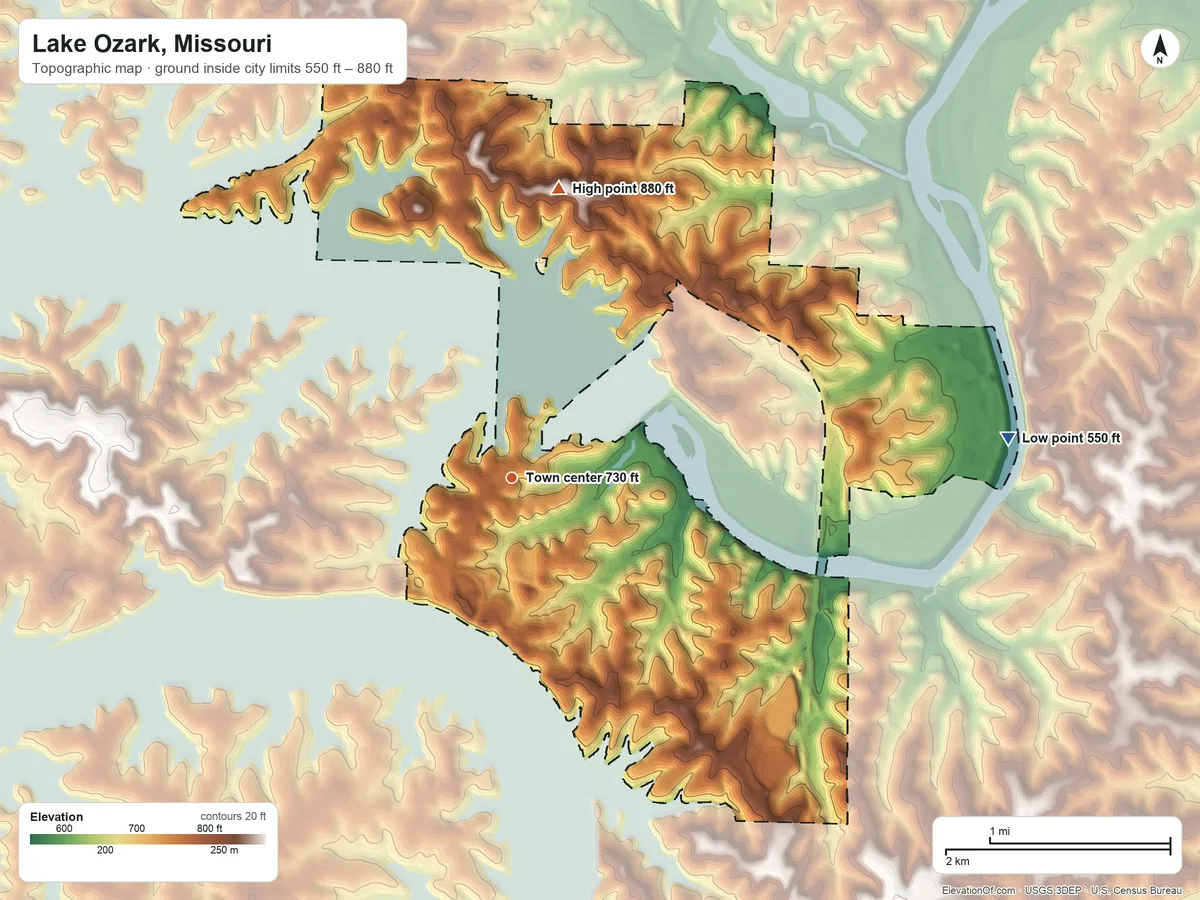 Topographic elevation map of Lake Ozark, Missouri, shaded from 550 ft on the east side to 880 ft on the north side