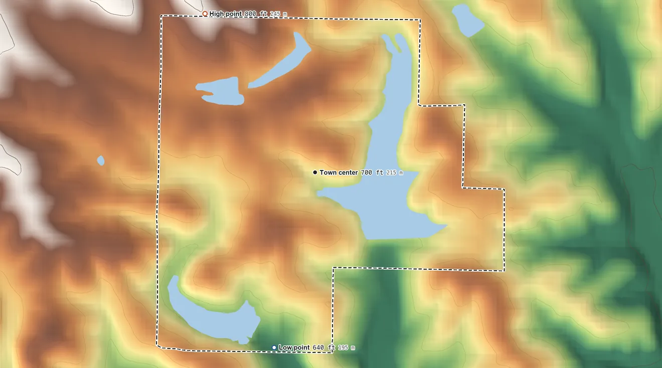 Topographic elevation map of Lake St. Clair, Missouri, shaded from 640 ft on the south side to 800 ft on the northwest side