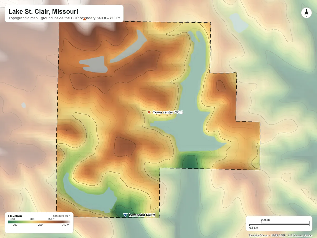 Topographic elevation map of Lake St. Clair, Missouri, shaded from 640 ft on the south side to 800 ft on the northwest side