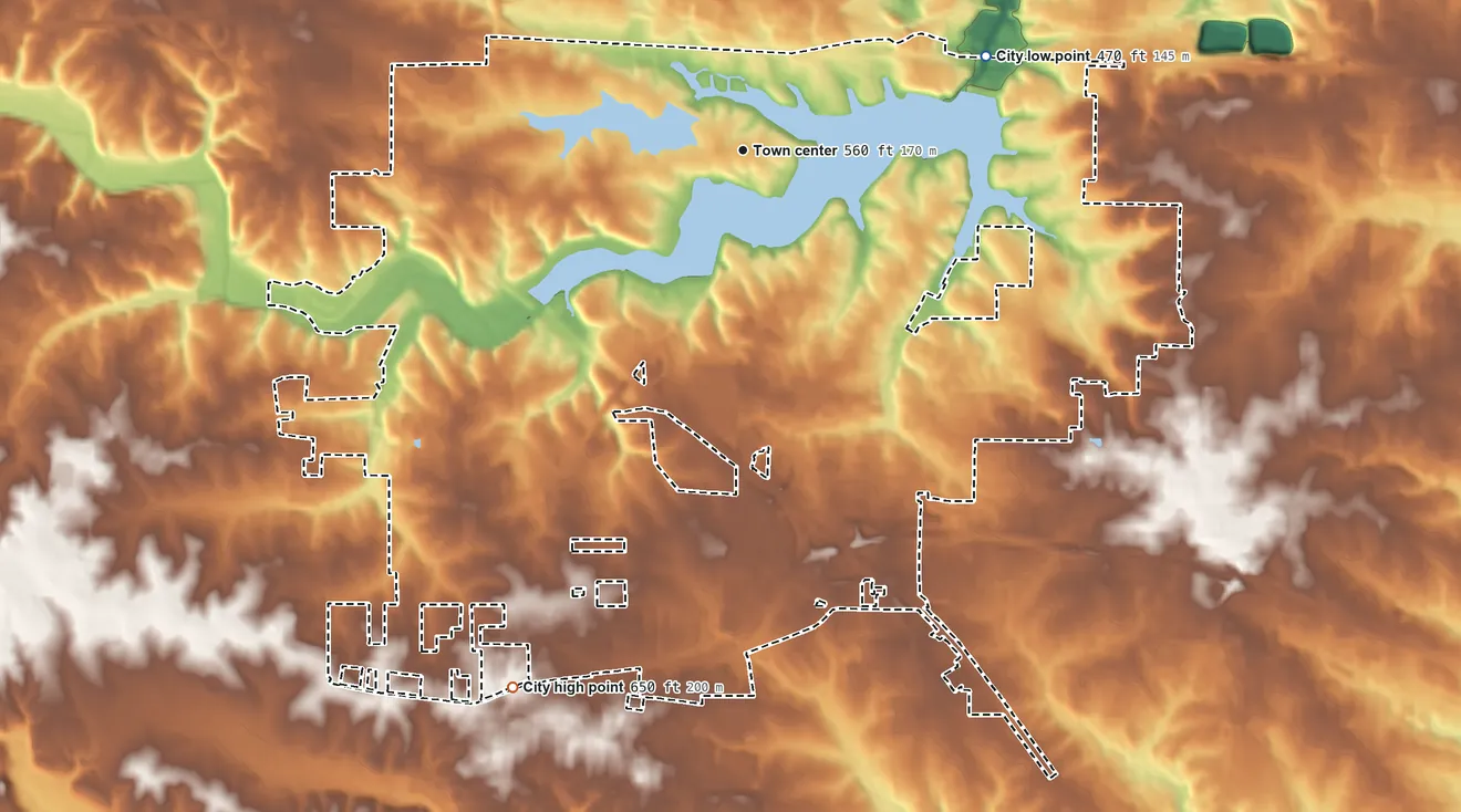 Topographic elevation map of Lake St. Louis, Missouri, shaded from 470 ft on the east side to 650 ft on the southwest side