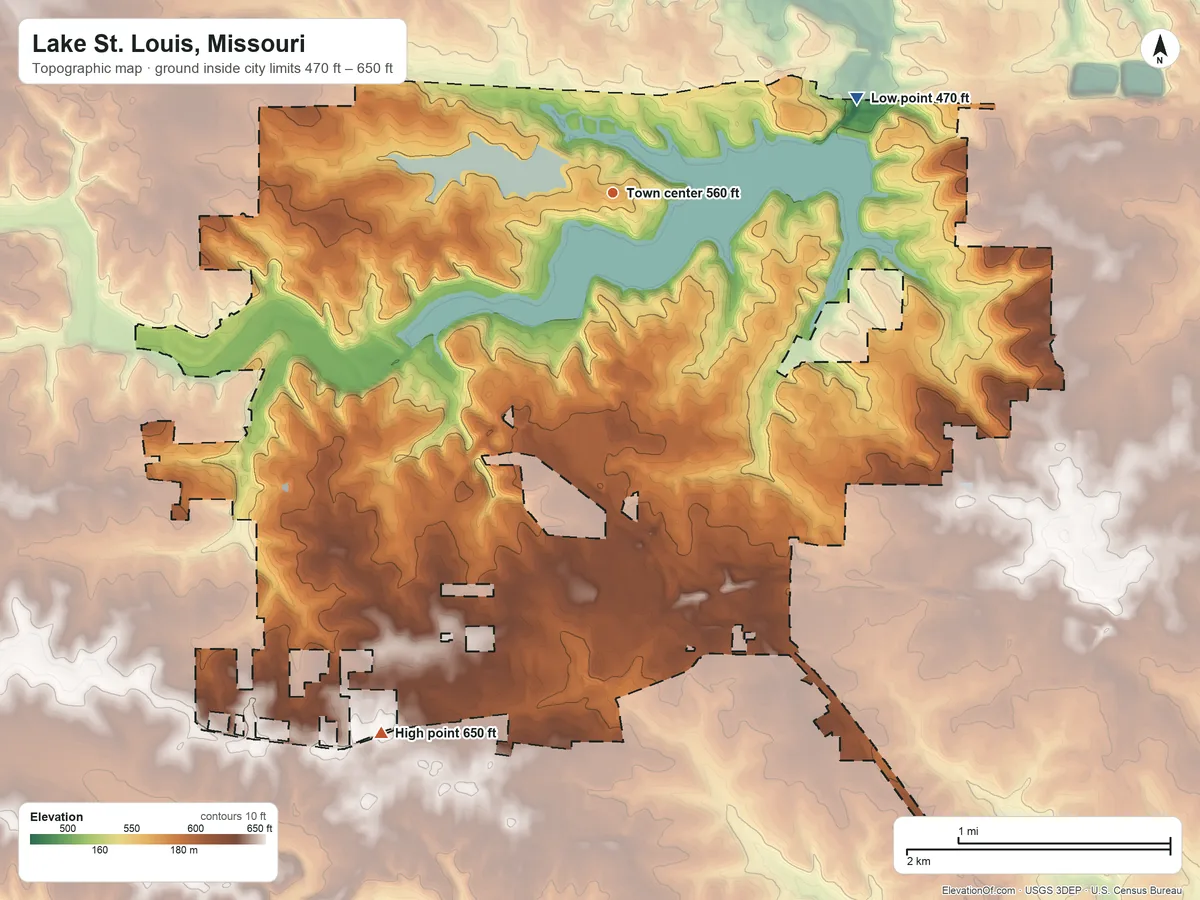Topographic elevation map of Lake St. Louis, Missouri, shaded from 470 ft on the east side to 650 ft on the southwest side