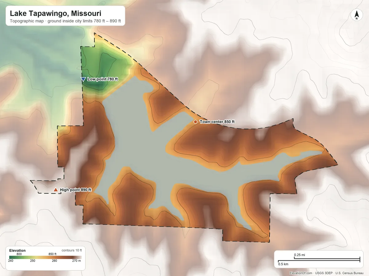 Topographic elevation map of Lake Tapawingo, Missouri, shaded from 780 ft on the west side to 890 ft on the southwest side