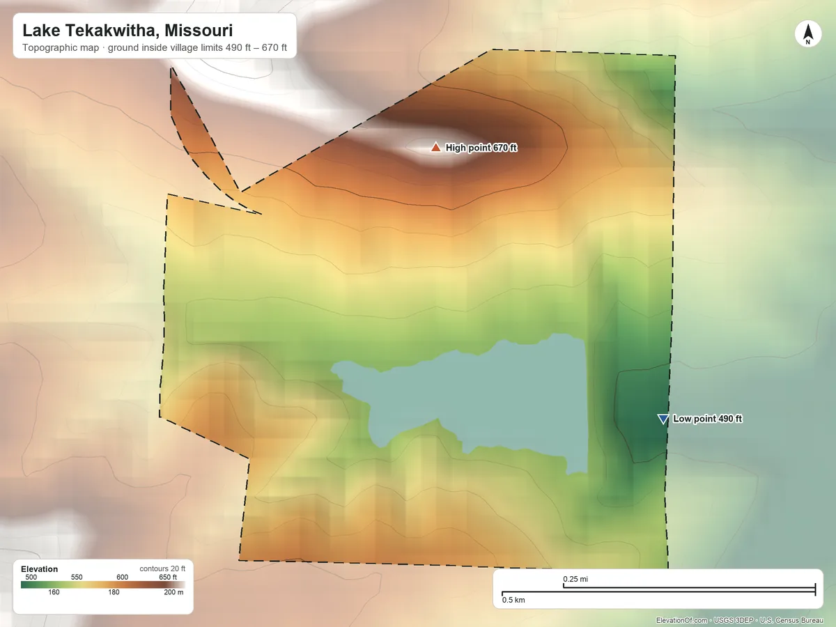 Topographic elevation map of Lake Tekakwitha, Missouri, shaded from 490 ft on the southeast side to 670 ft on the northeast side