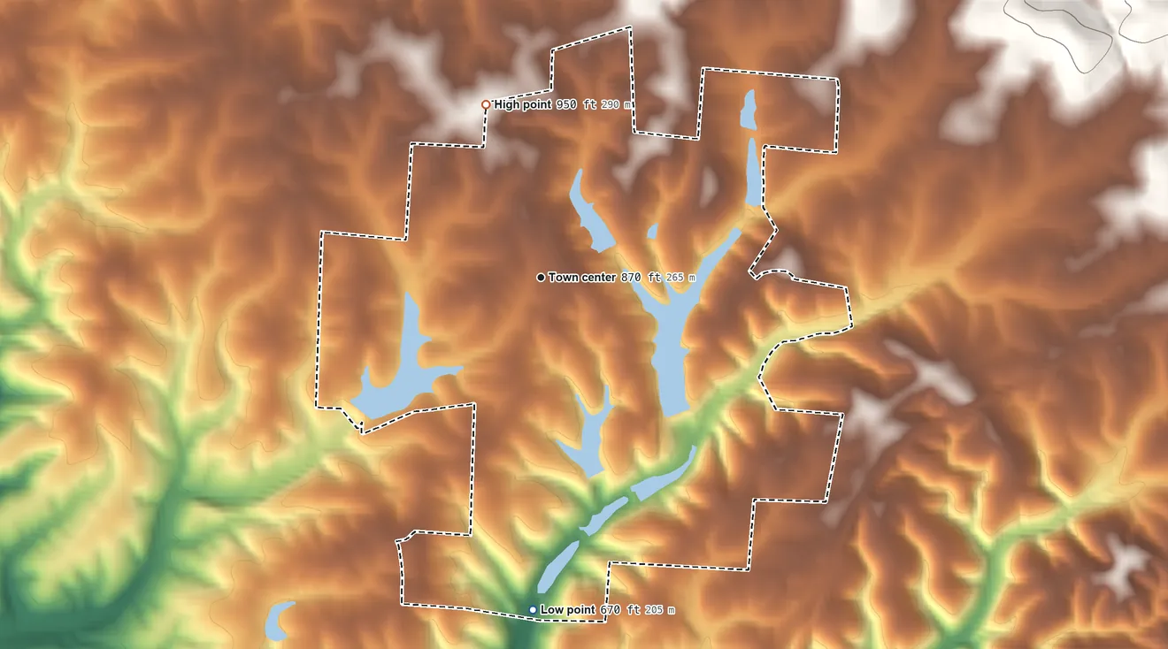 Topographic elevation map of Lake Timberline, Missouri, shaded from 670 ft on the south side to 950 ft on the north side
