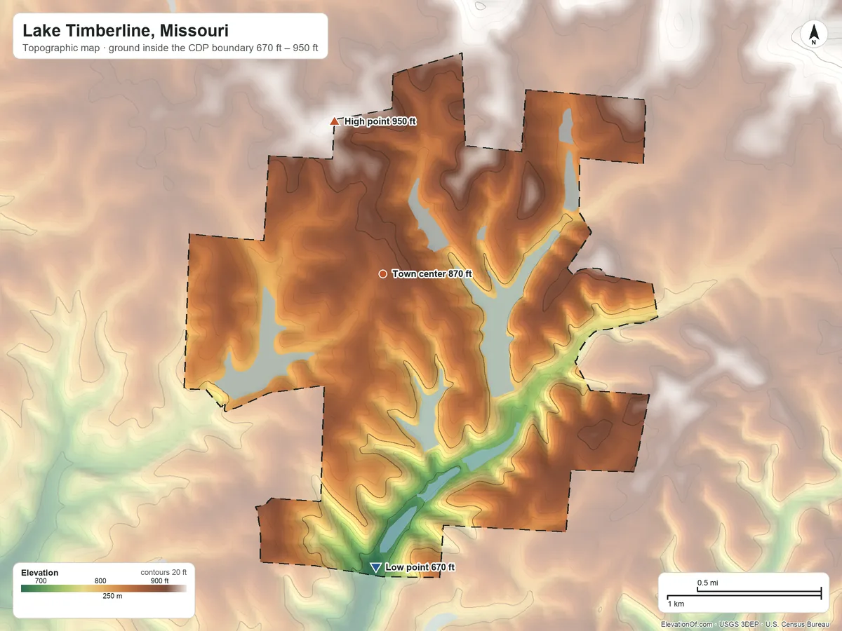 Topographic elevation map of Lake Timberline, Missouri, shaded from 670 ft on the south side to 950 ft on the north side