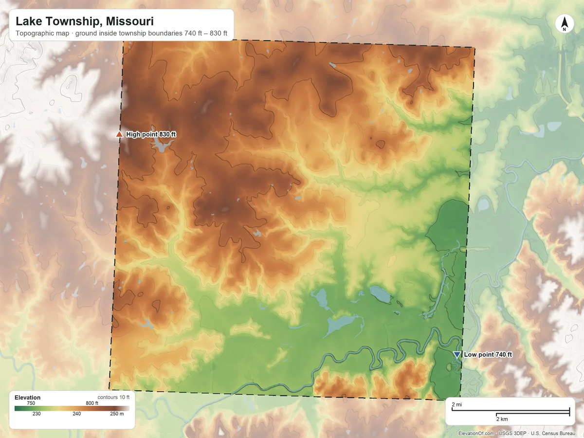 Topographic elevation map of Lake Township, Missouri, shaded from 740 ft on the southeast side to 830 ft on the northwest side