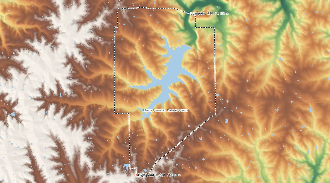 Topographic elevation map of Lake Viking, Missouri, shaded from 780 ft on the northeast side to 1,010 ft on the south side