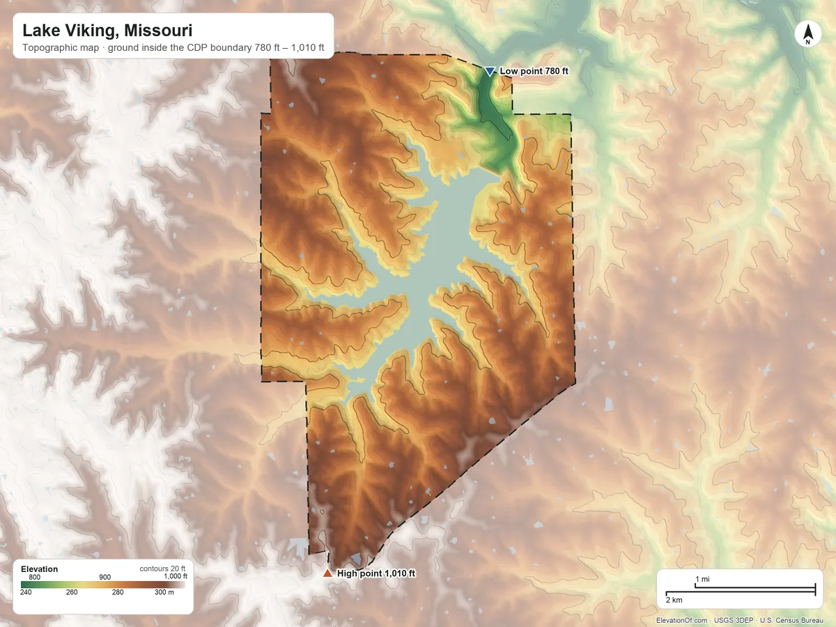 Topographic elevation map of Lake Viking, Missouri, shaded from 780 ft on the northeast side to 1,010 ft on the south side