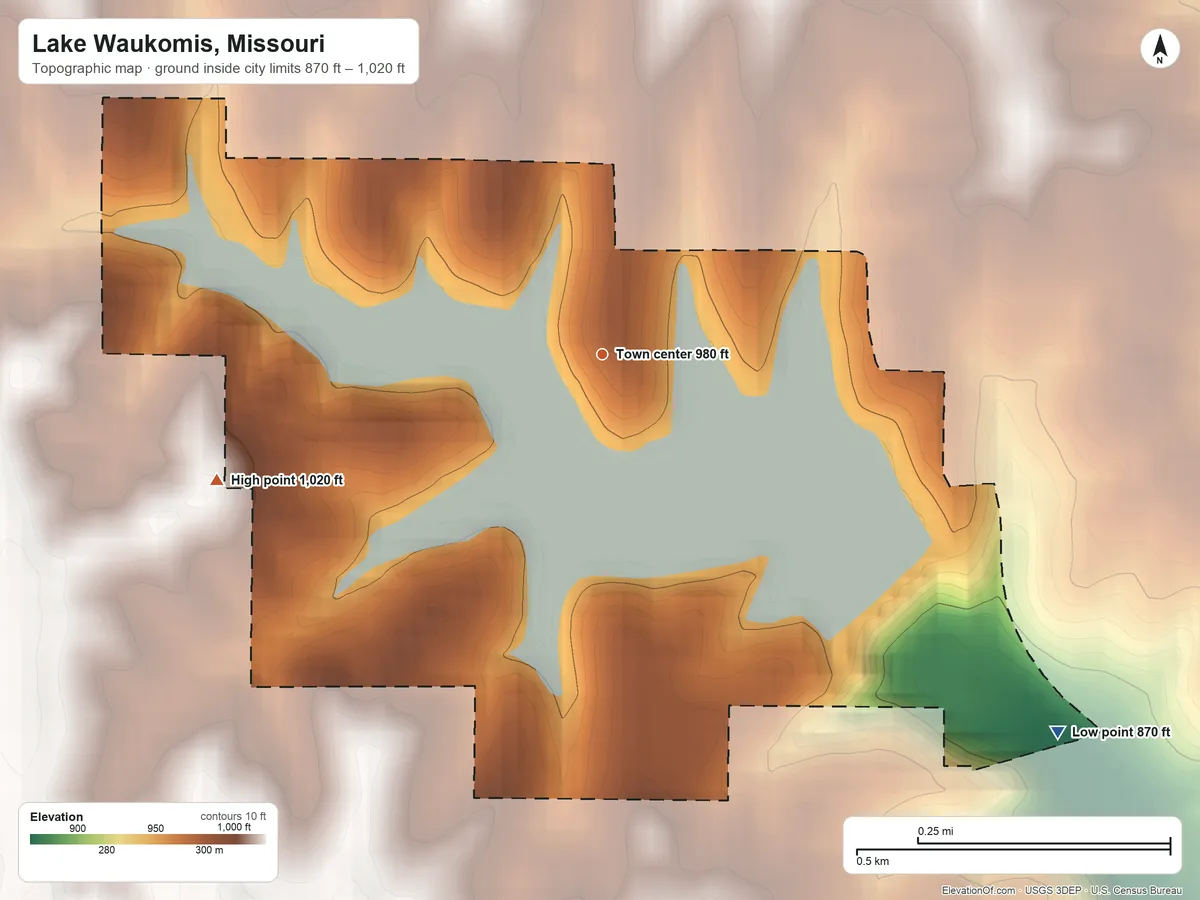 Topographic elevation map of Lake Waukomis, Missouri, shaded from 870 ft on the southeast side to 1,020 ft on the west side