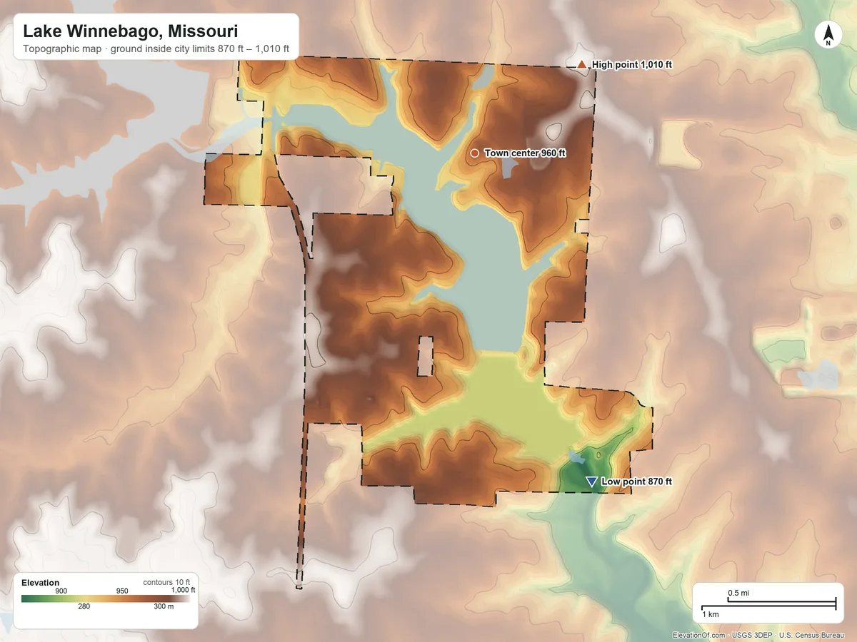 Topographic elevation map of Lake Winnebago, Missouri, shaded from 870 ft on the south side to 1,010 ft on the northeast side