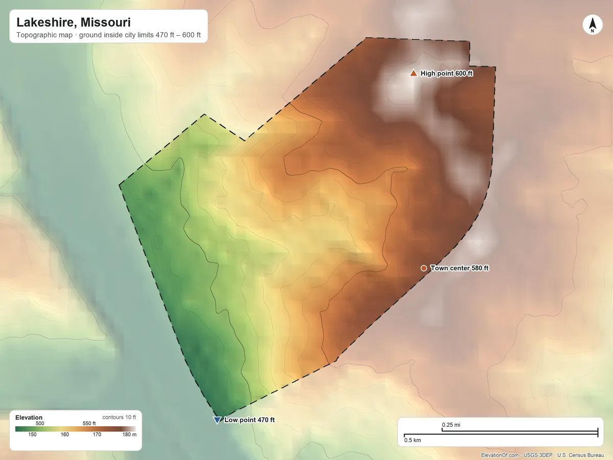 Topographic elevation map of Lakeshire, Missouri, shaded from 470 ft on the southwest side to 600 ft on the north side