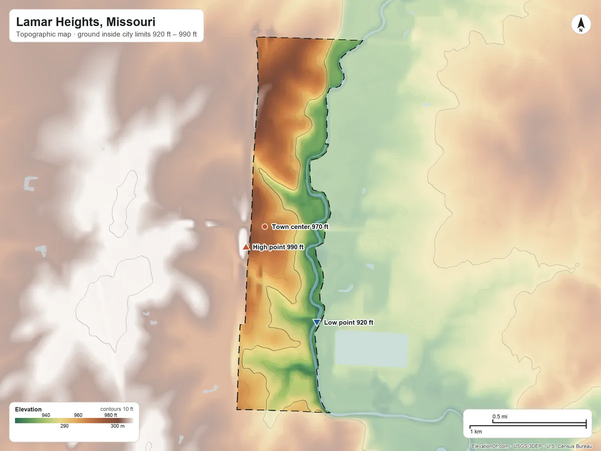 Topographic elevation map of Lamar Heights, Missouri, shaded from 920 ft on the southeast side to 990 ft near the middle