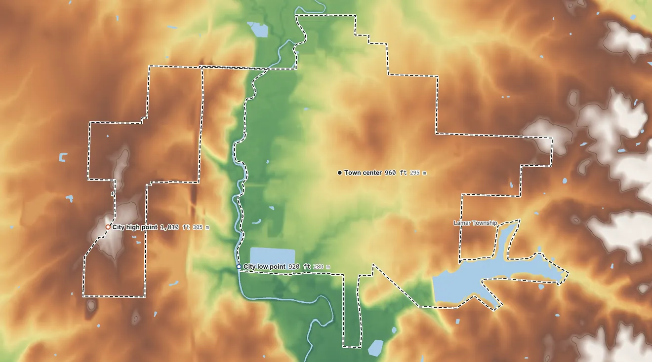 Topographic elevation map of Lamar, Missouri, shaded from 920 ft on the southwest side to 1,010 ft on the west side