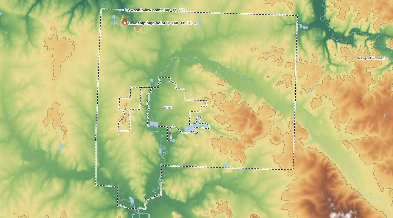 Topographic elevation map of Lamar Township, Missouri, shaded from 900 ft on the northwest side to 1,140 ft on the northwest side