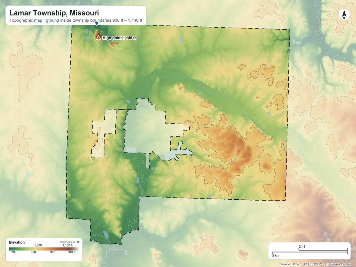 Topographic elevation map of Lamar Township, Missouri, shaded from 900 ft on the northwest side to 1,140 ft on the northwest side
