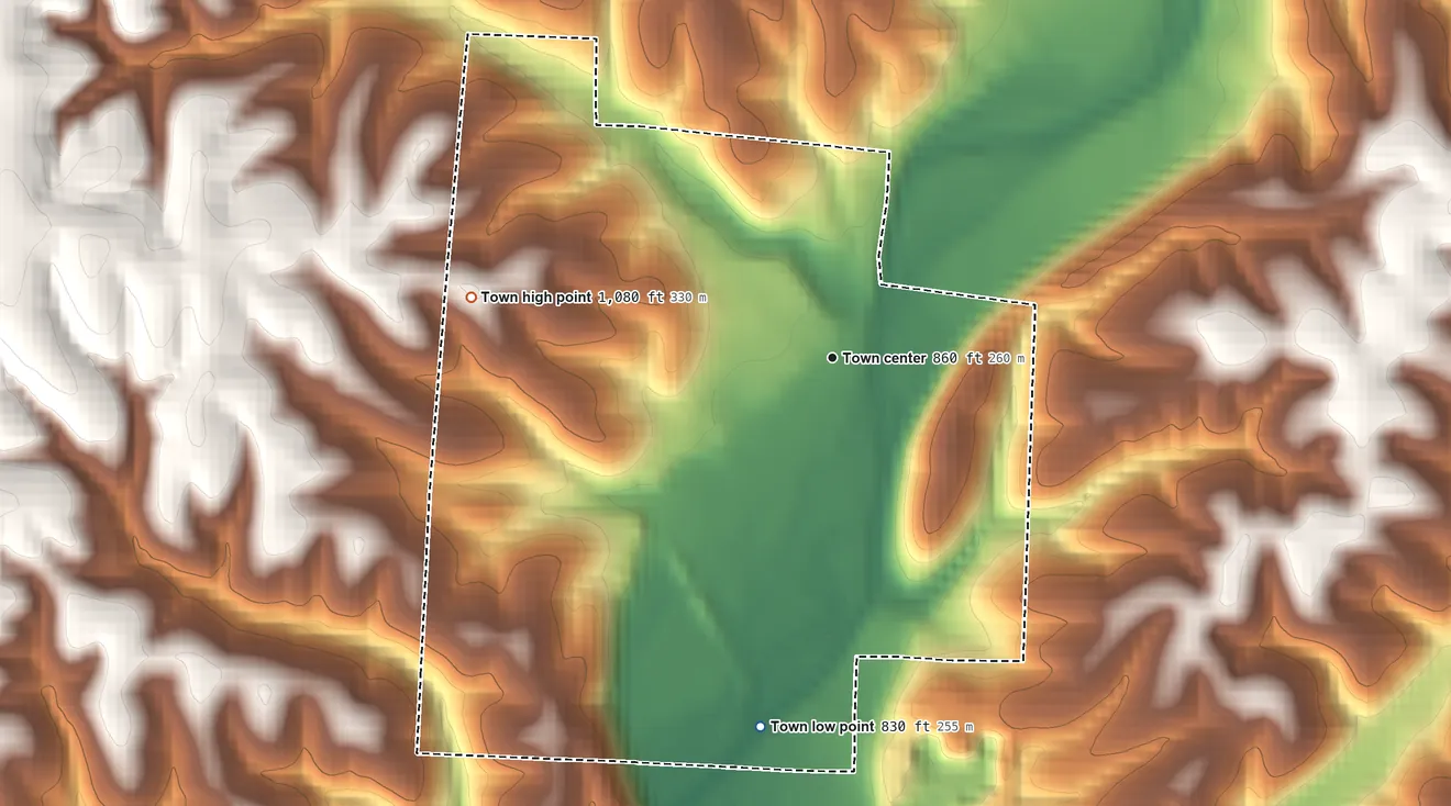 Topographic elevation map of Lanagan, Missouri, shaded from 830 ft on the south side to 1,080 ft on the west side