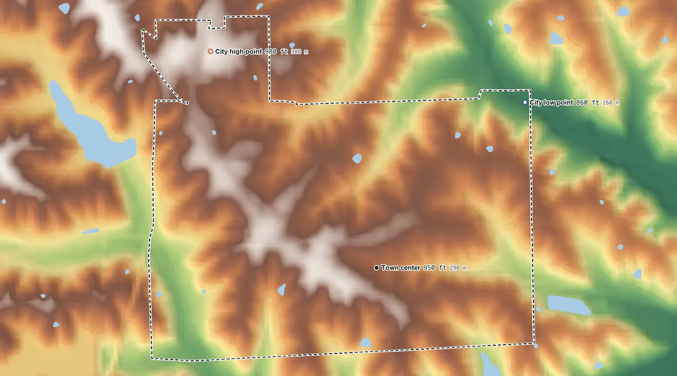 Topographic elevation map of Lancaster, Missouri, shaded from 860 ft on the northeast side to 980 ft on the northwest side