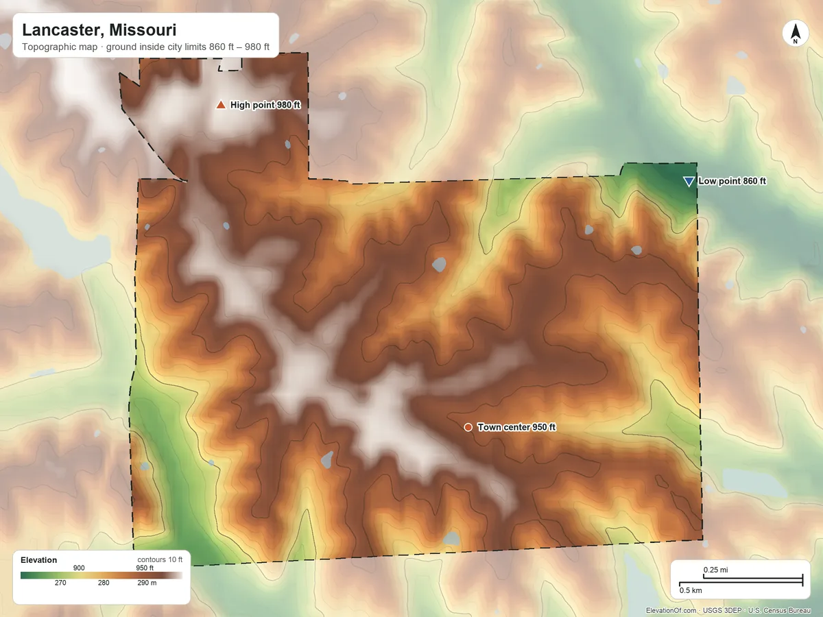 Topographic elevation map of Lancaster, Missouri, shaded from 860 ft on the northeast side to 980 ft on the northwest side