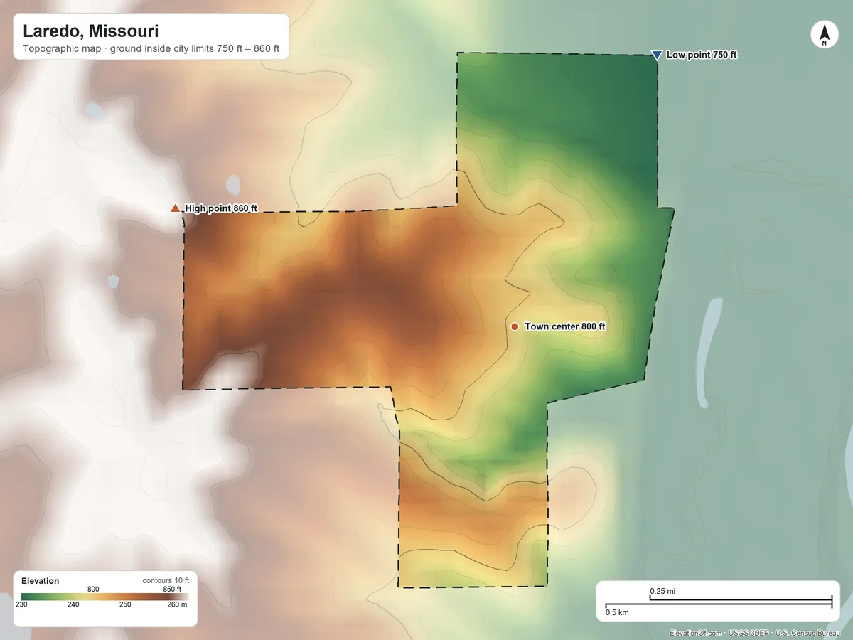 Topographic elevation map of Laredo, Missouri, shaded from 750 ft on the northeast side to 860 ft on the west side