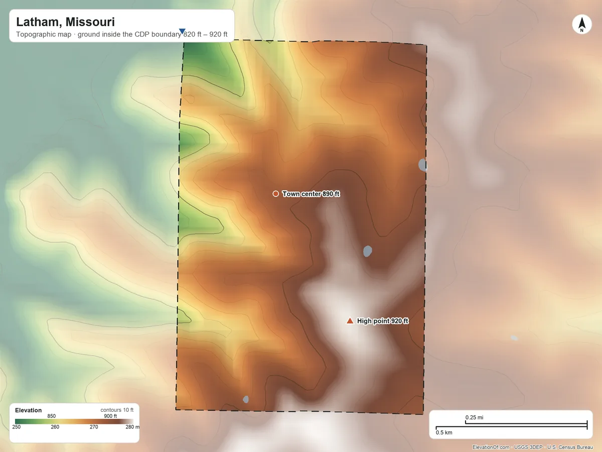 Topographic elevation map of Latham, Missouri, shaded from 820 ft on the northwest side to 920 ft on the southeast side