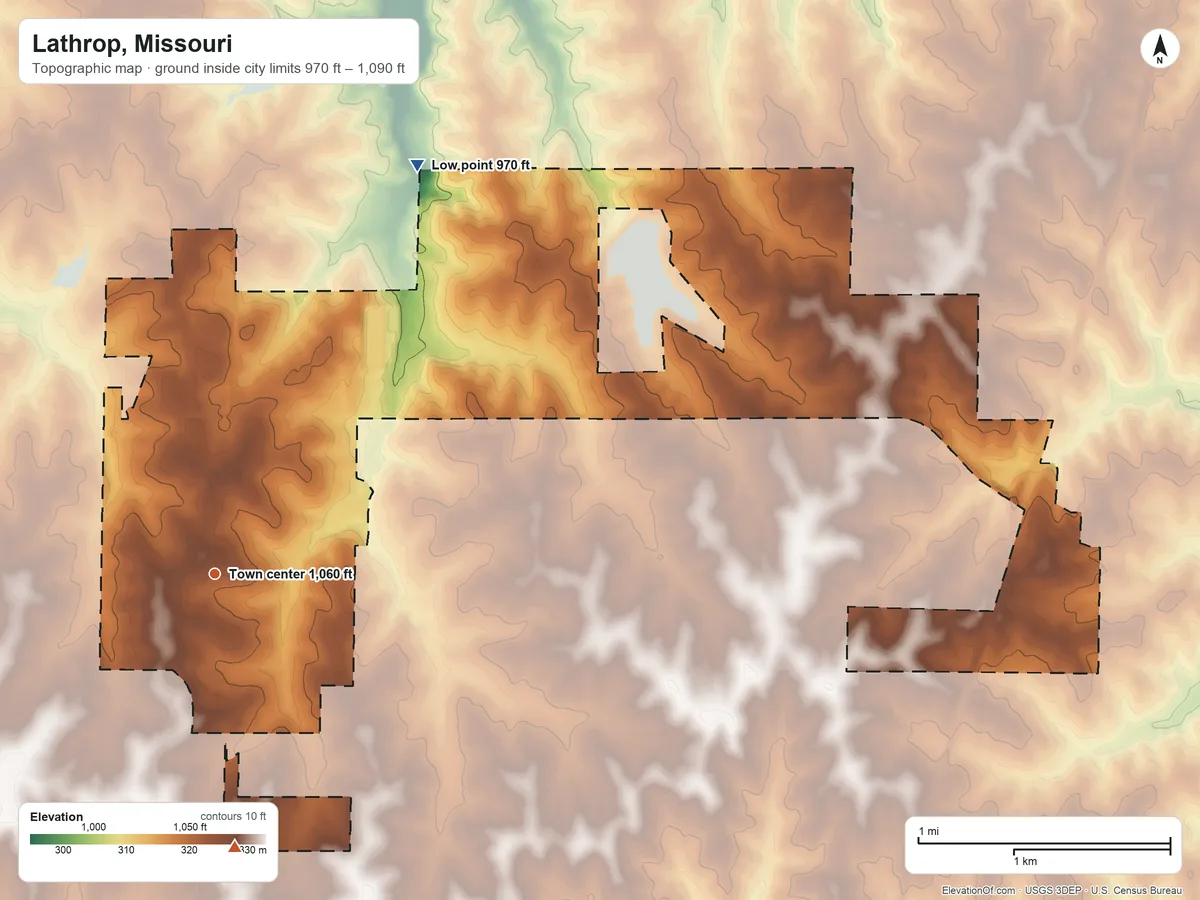 Topographic elevation map of Lathrop, Missouri, shaded from 970 ft on the northeast side to 1,090 ft on the south side