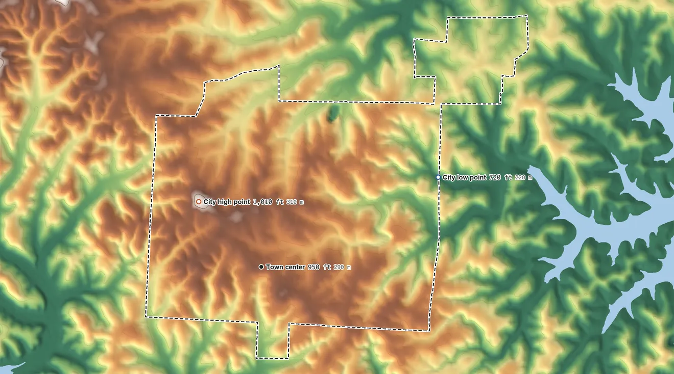 Topographic elevation map of Laurie, Missouri, shaded from 720 ft on the northeast side to 1,010 ft on the northwest side