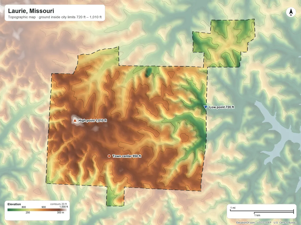 Topographic elevation map of Laurie, Missouri, shaded from 720 ft on the northeast side to 1,010 ft on the northwest side