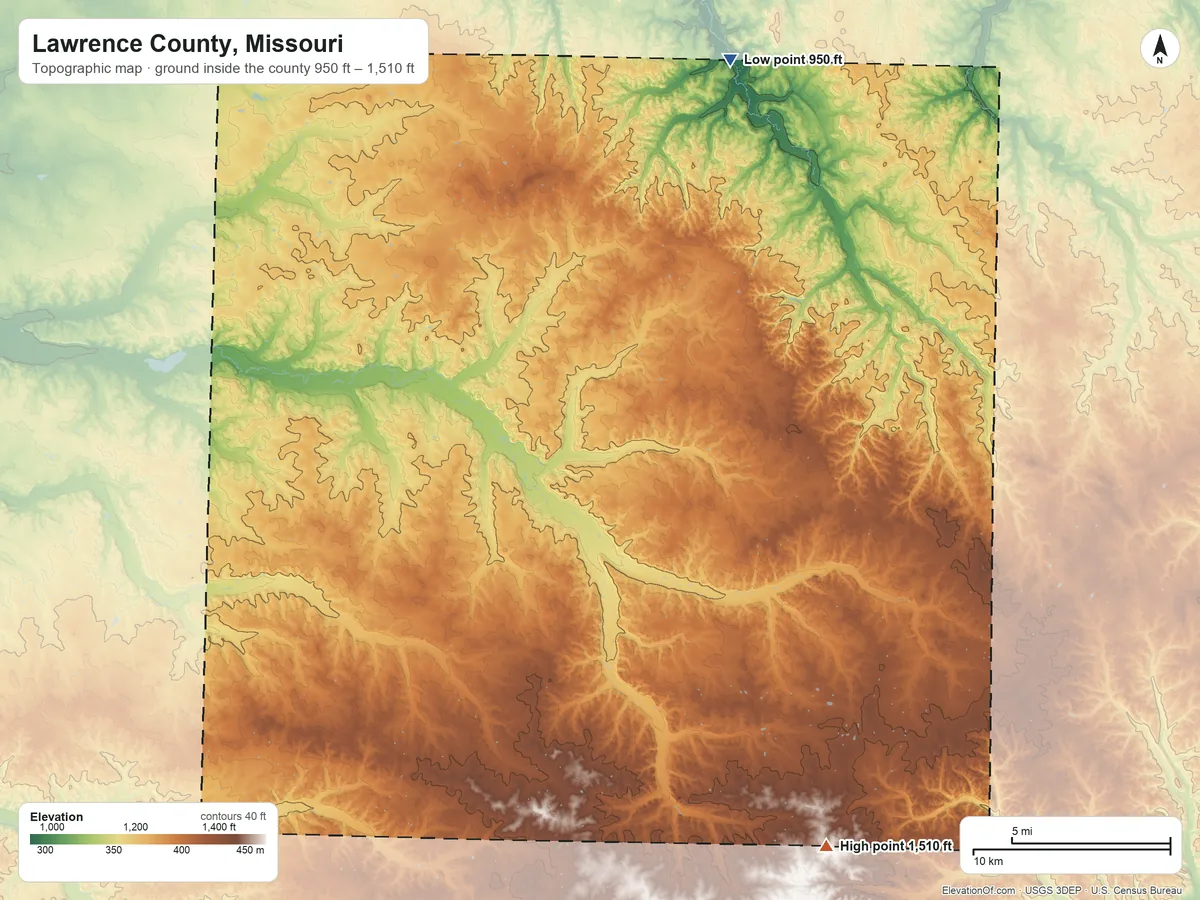 Topographic elevation map of Lawrence County, Missouri, shaded from 950 ft on the north side to 1,510 ft on the southeast side