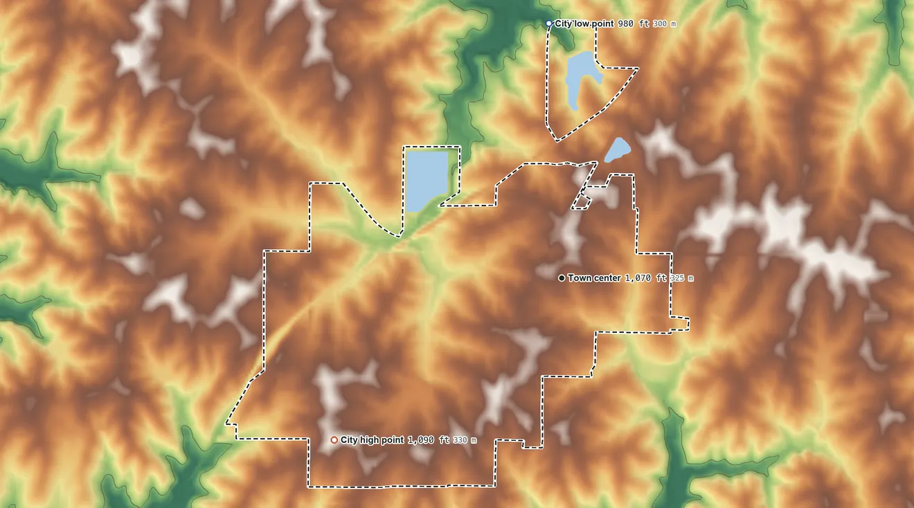 Topographic elevation map of Lawson, Missouri, shaded from 980 ft on the north side to 1,090 ft on the southwest side