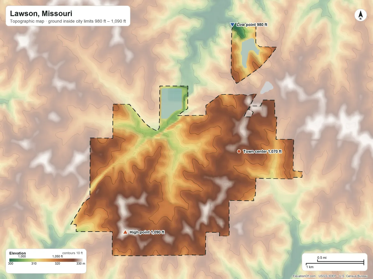 Topographic elevation map of Lawson, Missouri, shaded from 980 ft on the north side to 1,090 ft on the southwest side