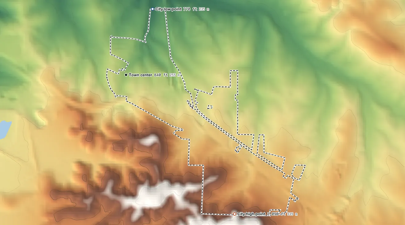 Topographic elevation map of Leadington, Missouri, shaded from 770 ft on the north side to 1,090 ft on the southeast side