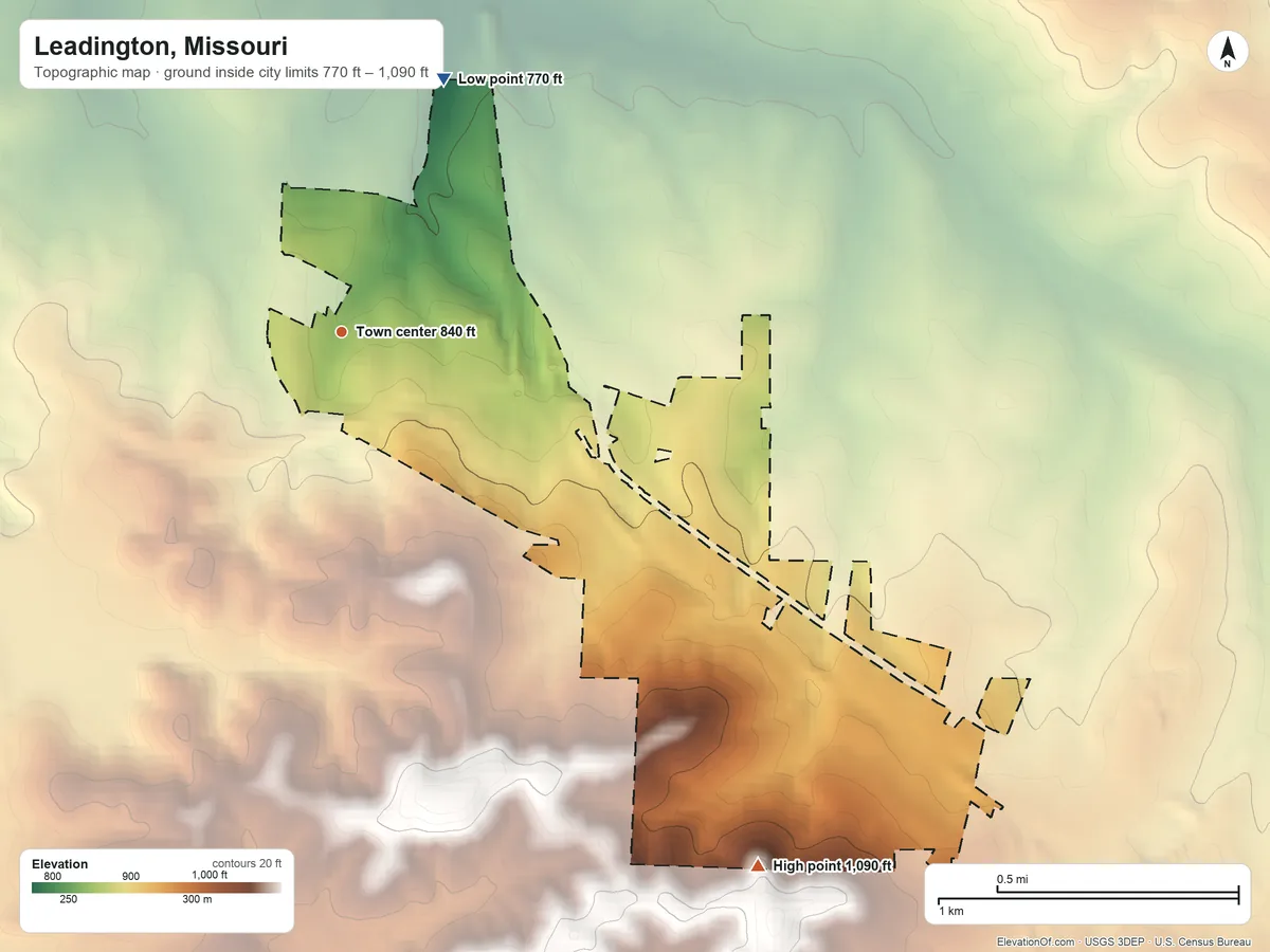 Topographic elevation map of Leadington, Missouri, shaded from 770 ft on the north side to 1,090 ft on the southeast side